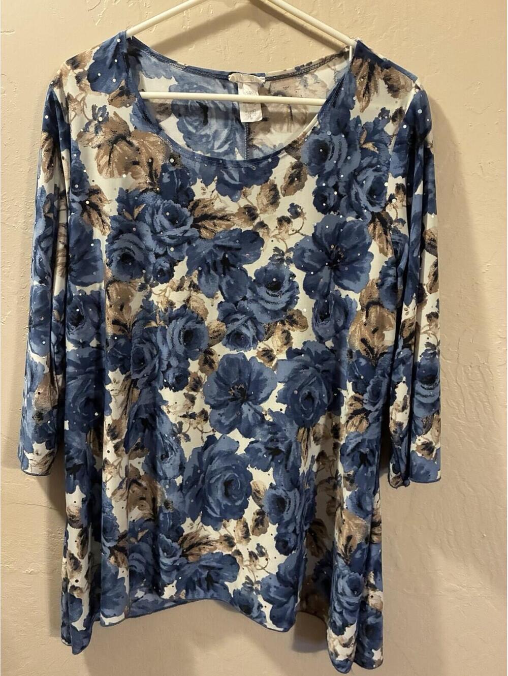 BonWorth Blue Floral Knit 3/4 Sleeve Tunic Blouse Plus Size 2XL